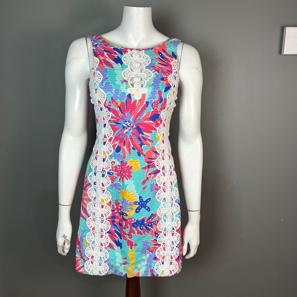 Lilly Pulitzer Floral Coral Seersucker Shift Dress Size 0 Beachy Resort